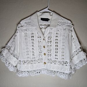 Stylebygg Nautical Lace Cutout Short Sleeve Cropped Linen Top Button Down